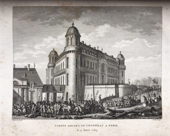 Engraving - bringing canon from Chantilly to Paris