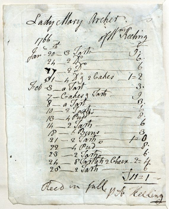 Mary Archer's paid invoice for Keeling's cakes and tarts 