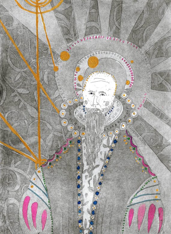 Catherine Booth's portrait of Dr John Dee, etched, with ink and gold paint.