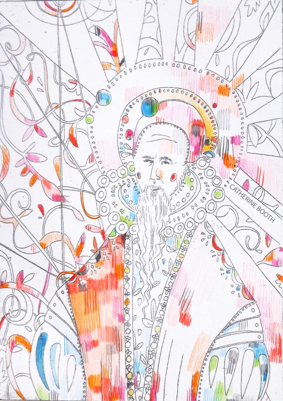Catherine Booth's portrait of Dr John Dee etched, with pencil crayon
