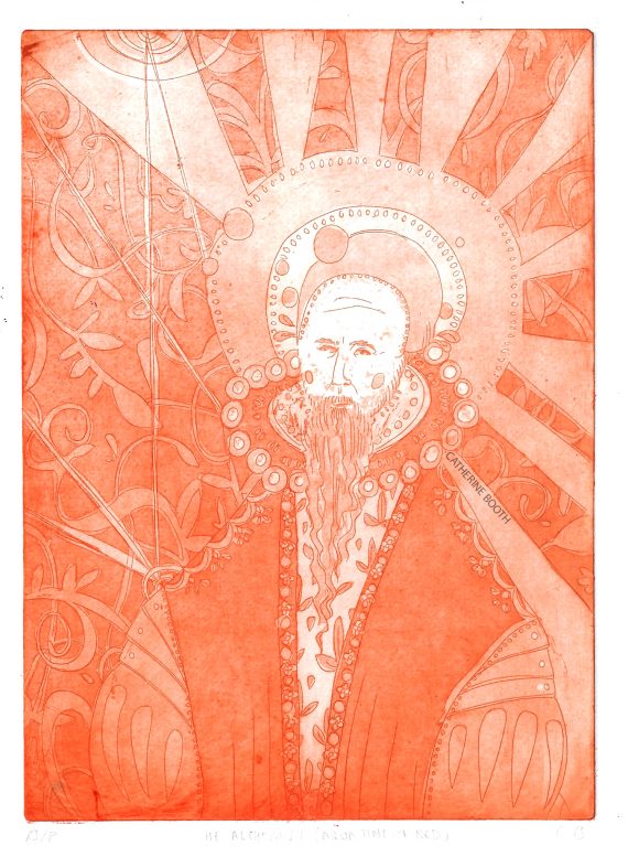 Catherine Booth's portrait of Dr John Dee etched in red