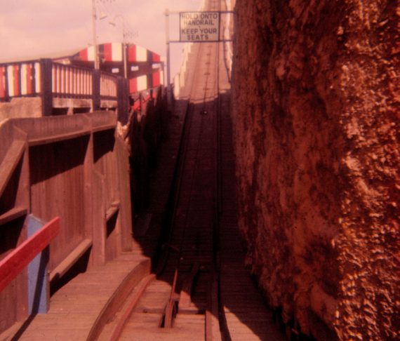 Photograph of the bottom of the 'pull up' slope on Belle Vue Scenic Railway, 1977.