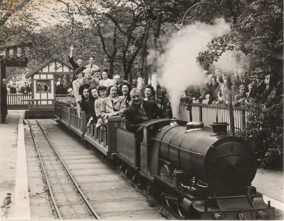 Photo of 'Prince Charles' pulling a train of Belle Vue visitors in 1946. Copyright Jon Cocks.