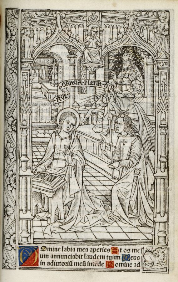 Photograph of image of the Annunciation to the Virgin in a Book of Hours at Chetham's Library